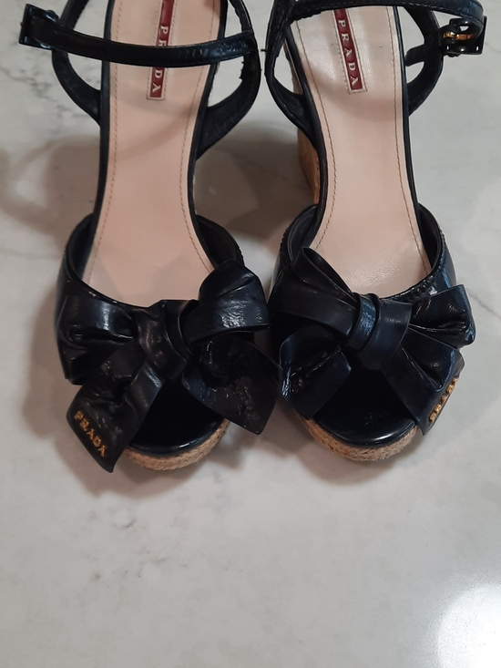 Prada Shoes - Prada Black Leather Bow Wedge Espadrilles